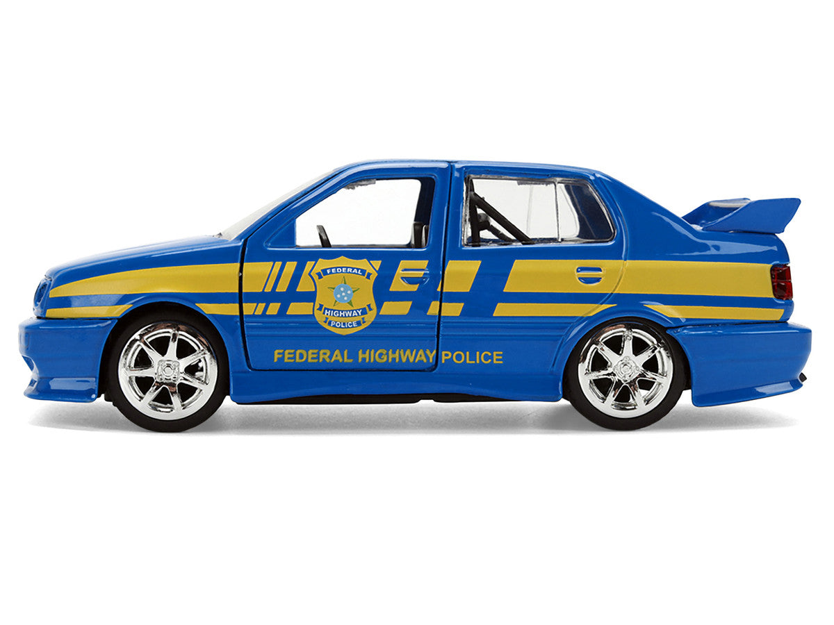 Volkswagen Jetta Police Vehicle "Rio Federal Highway Police" Blue with Yellow Stripes "Fast Five" (2011) Movie "Fast & Furious" Series 1/32 Diecast Model Car by Jada Jada