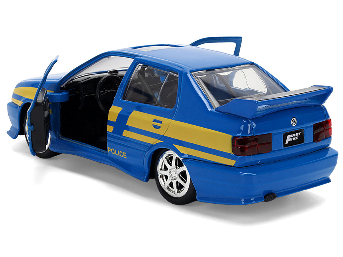 Volkswagen Jetta Police Vehicle "Rio Federal Highway Police" Blue with Yellow Stripes "Fast Five" (2011) Movie "Fast & Furious" Series 1/32 Diecast Model Car by Jada Jada