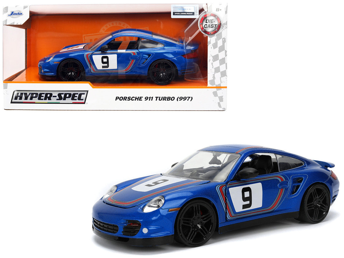 Porsche 911 Turbo (997) #9 Blue Metallic with Stripes "Hyper-Spec" Series 1/24 Diecast Model Car by Jada Jada