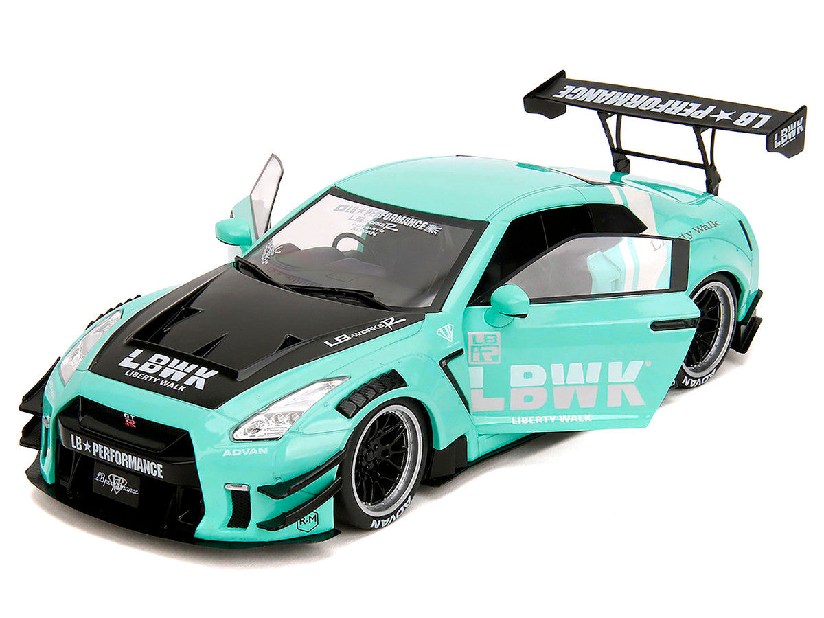 Nissan GT-R (R35) Liberty Walk Body Kit 2.0 RHD (Right Hand Drive) Light Blue with Black Hood and White Stripes "Pink Slips" Series 1/18 Diecast Model Car by Jada Jada