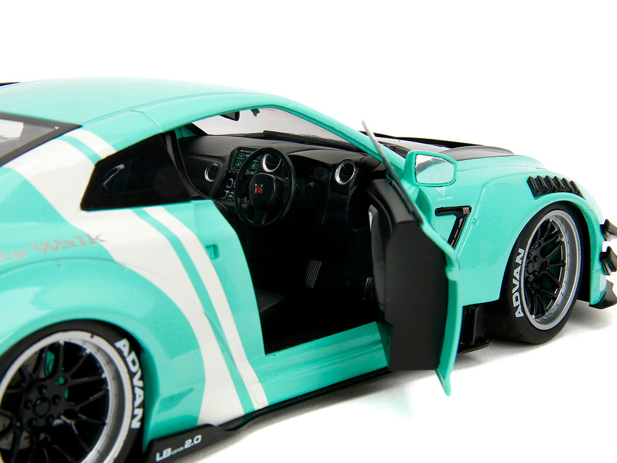 Nissan GT-R (R35) Liberty Walk Body Kit 2.0 RHD (Right Hand Drive) Light Blue with Black Hood and White Stripes "Pink Slips" Series 1/18 Diecast Model Car by Jada Jada