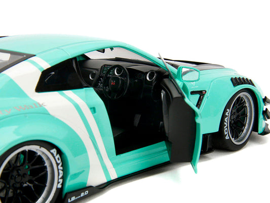 Nissan GT-R (R35) Liberty Walk Body Kit 2.0 RHD (Right Hand Drive) Light Blue with Black Hood and White Stripes "Pink Slips" Series 1/18 Diecast Model Car by Jada Jada