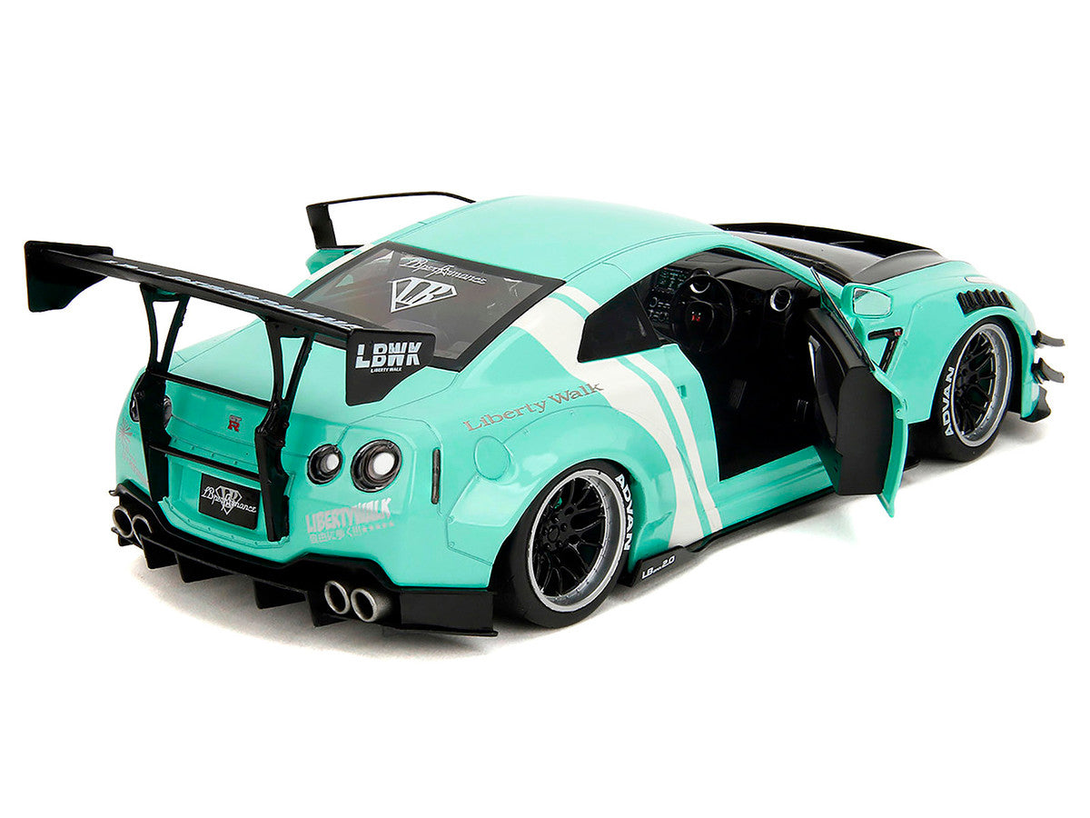 Nissan GT-R (R35) Liberty Walk Body Kit 2.0 RHD (Right Hand Drive) Light Blue with Black Hood and White Stripes "Pink Slips" Series 1/18 Diecast Model Car by Jada Jada