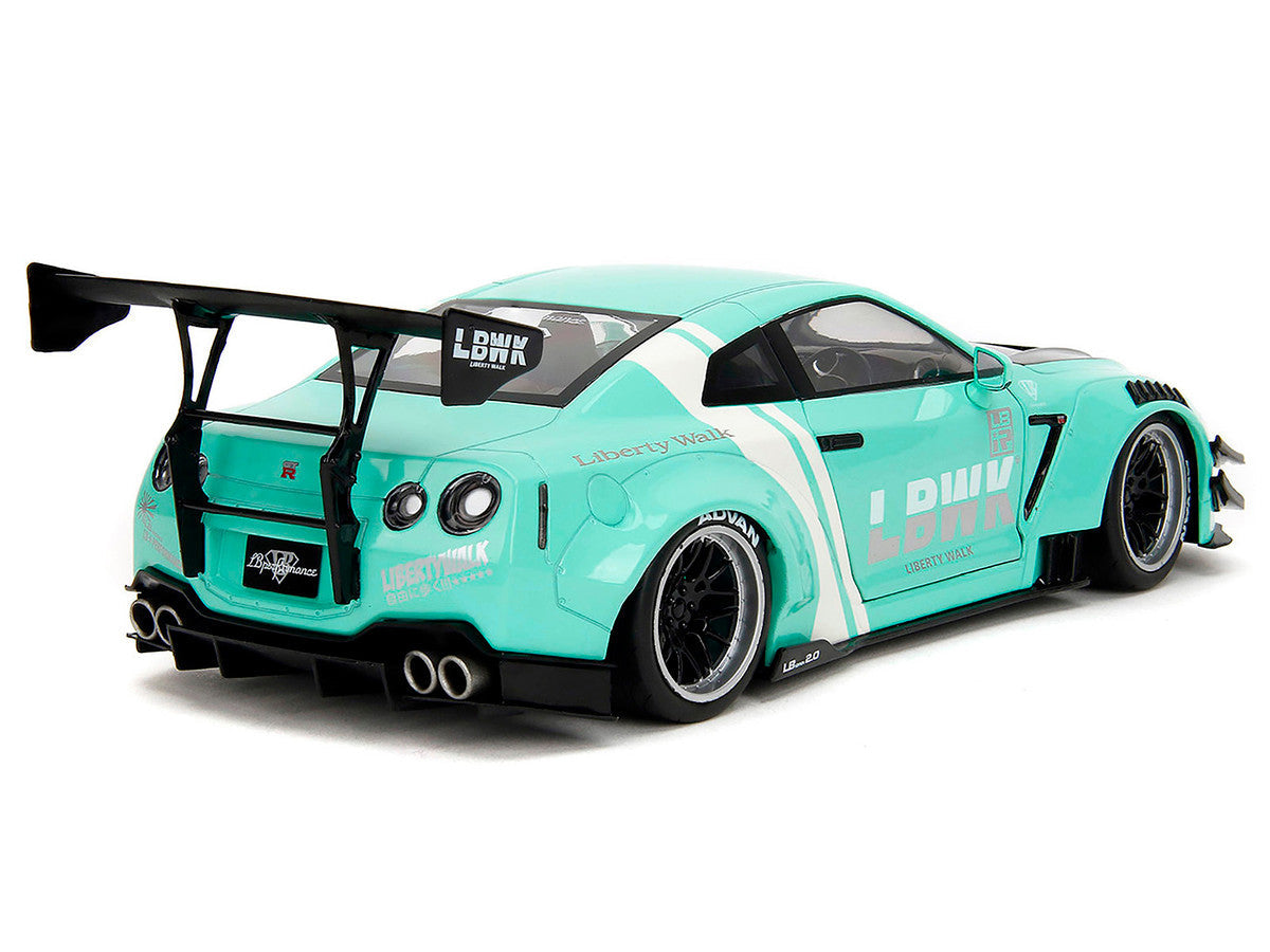 Nissan GT-R (R35) Liberty Walk Body Kit 2.0 RHD (Right Hand Drive) Light Blue with Black Hood and White Stripes "Pink Slips" Series 1/18 Diecast Model Car by Jada Jada