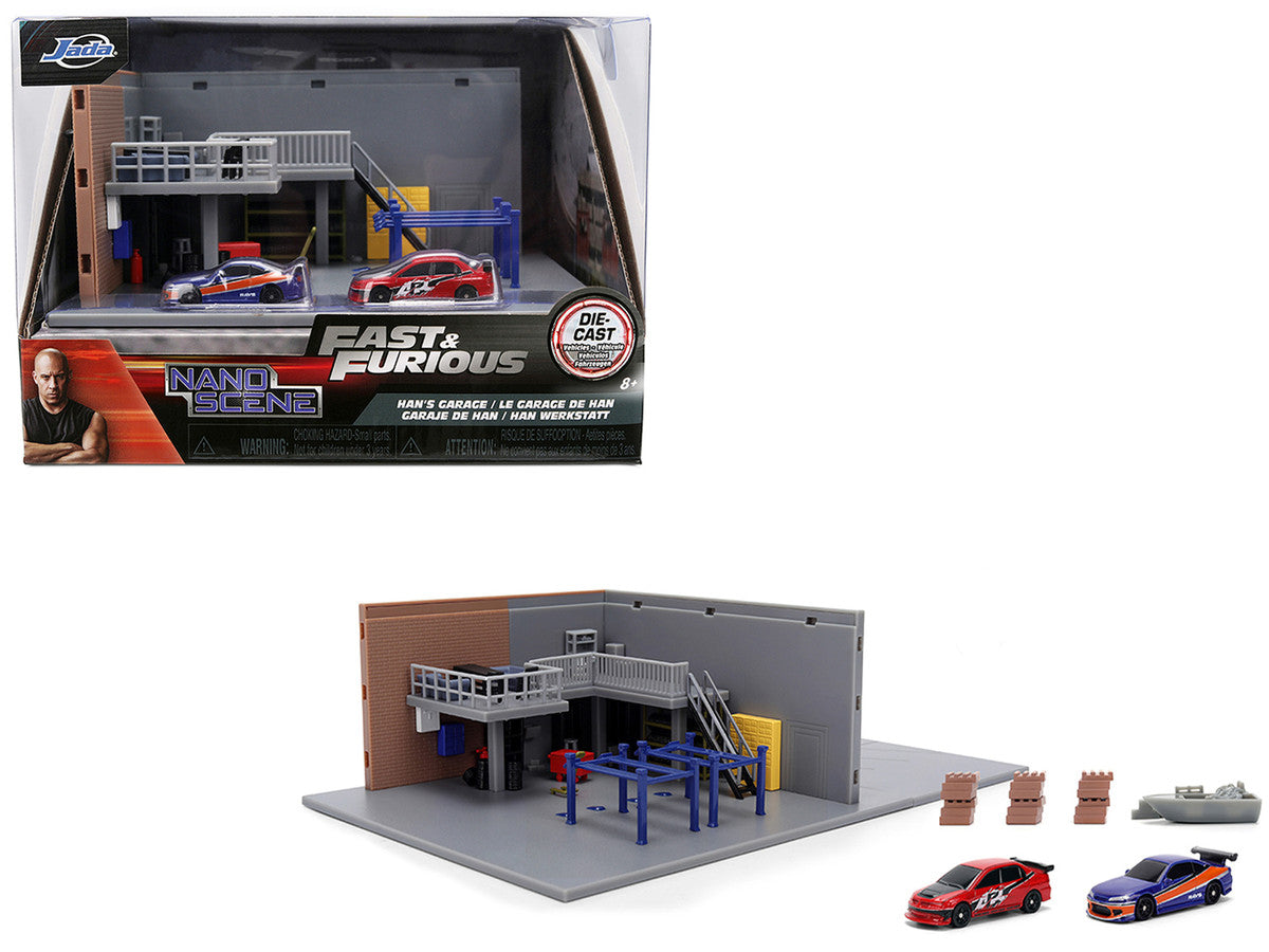 "Fast & Furious" Han's Garage Diorama with 2 Cars and Accessories "Nano Scene" Series 1/32 Model by Jada Jada