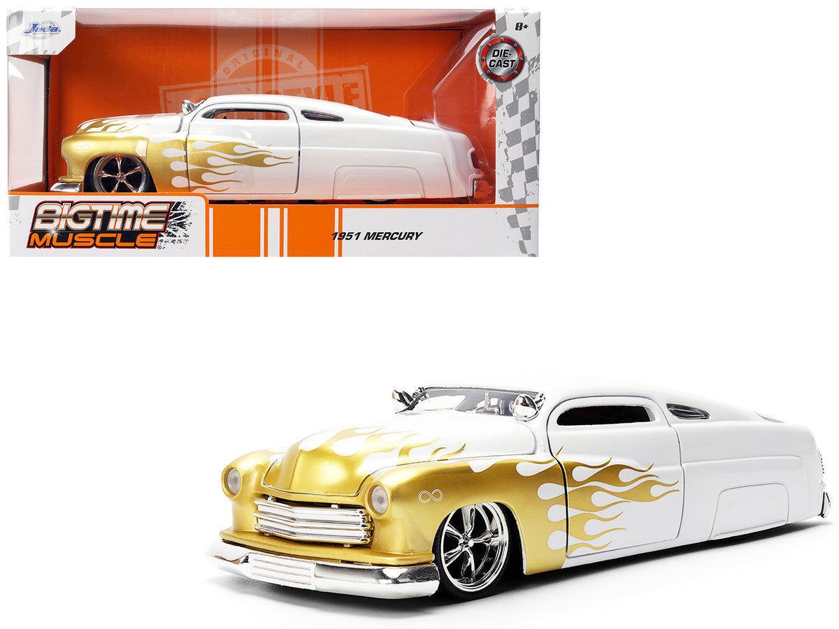 1951 Mercury Coupe White with Gold Flames "Bigtime Muscle" Series 1/24 Diecast Model Car by Jada Jada
