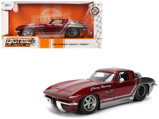 1963 Chevrolet Corvette Stingray "Chevy Racing" Red Metallic and Gray "Bigtime Muscle" Series 1/24 Diecast Model Car by Jada Jada