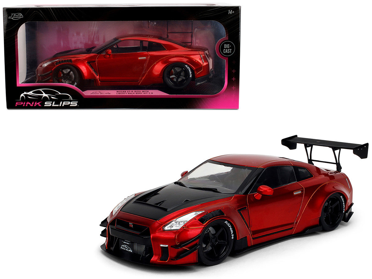 Nissan GT-R (R35) Liberty Walk Body Kit 2.0 RHD (Right Hand Drive) Red Metallic with Carbon Hood "Pink Slips" Series 1/18 Diecast Model Car by Jada Jada