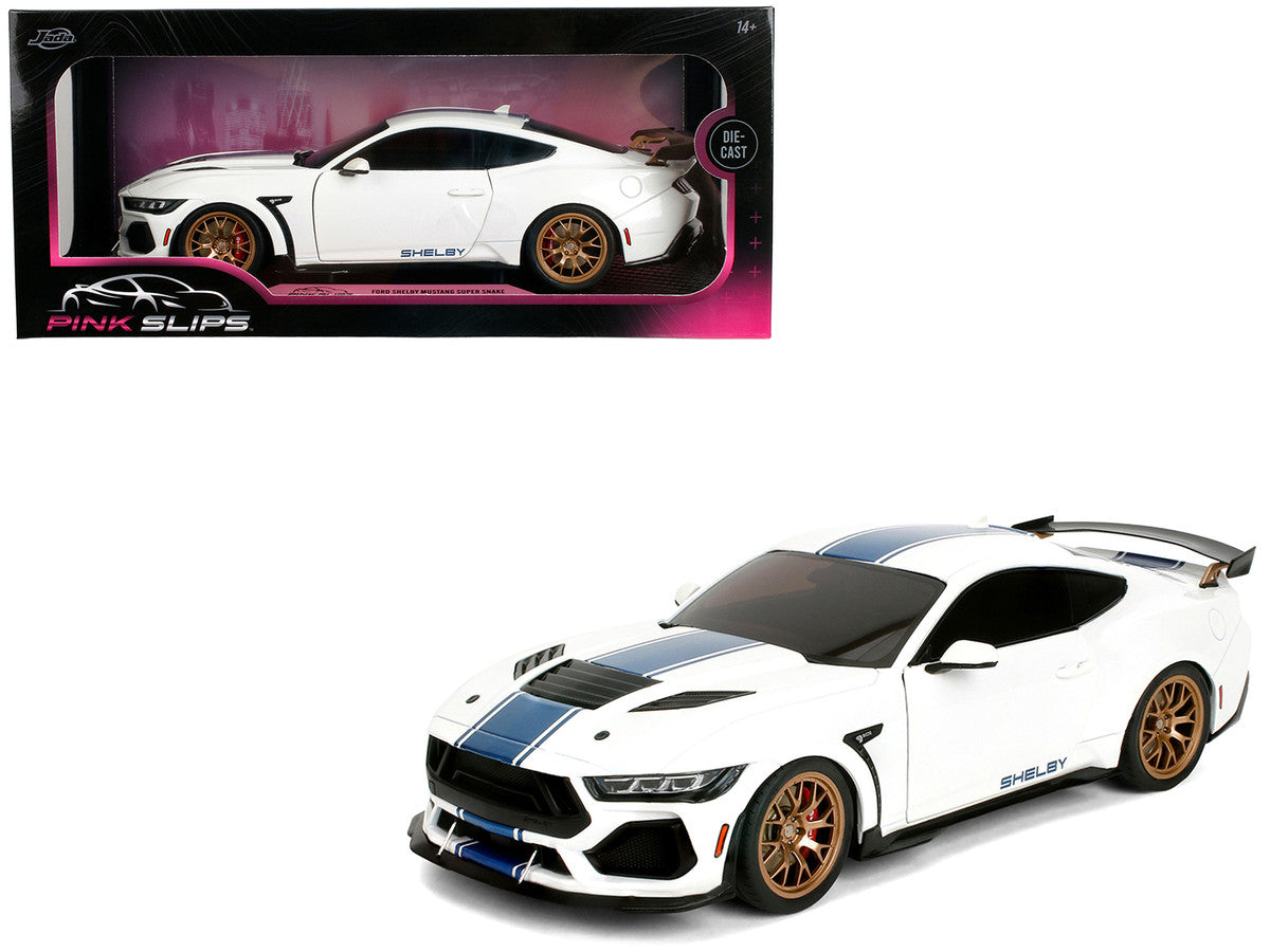Ford Mustang Shelby Super Snake White Metallic with Blue Stripes and Gold Wheels "Pink Slips" Series 1/18 Diecast Model Car by Jada Jada