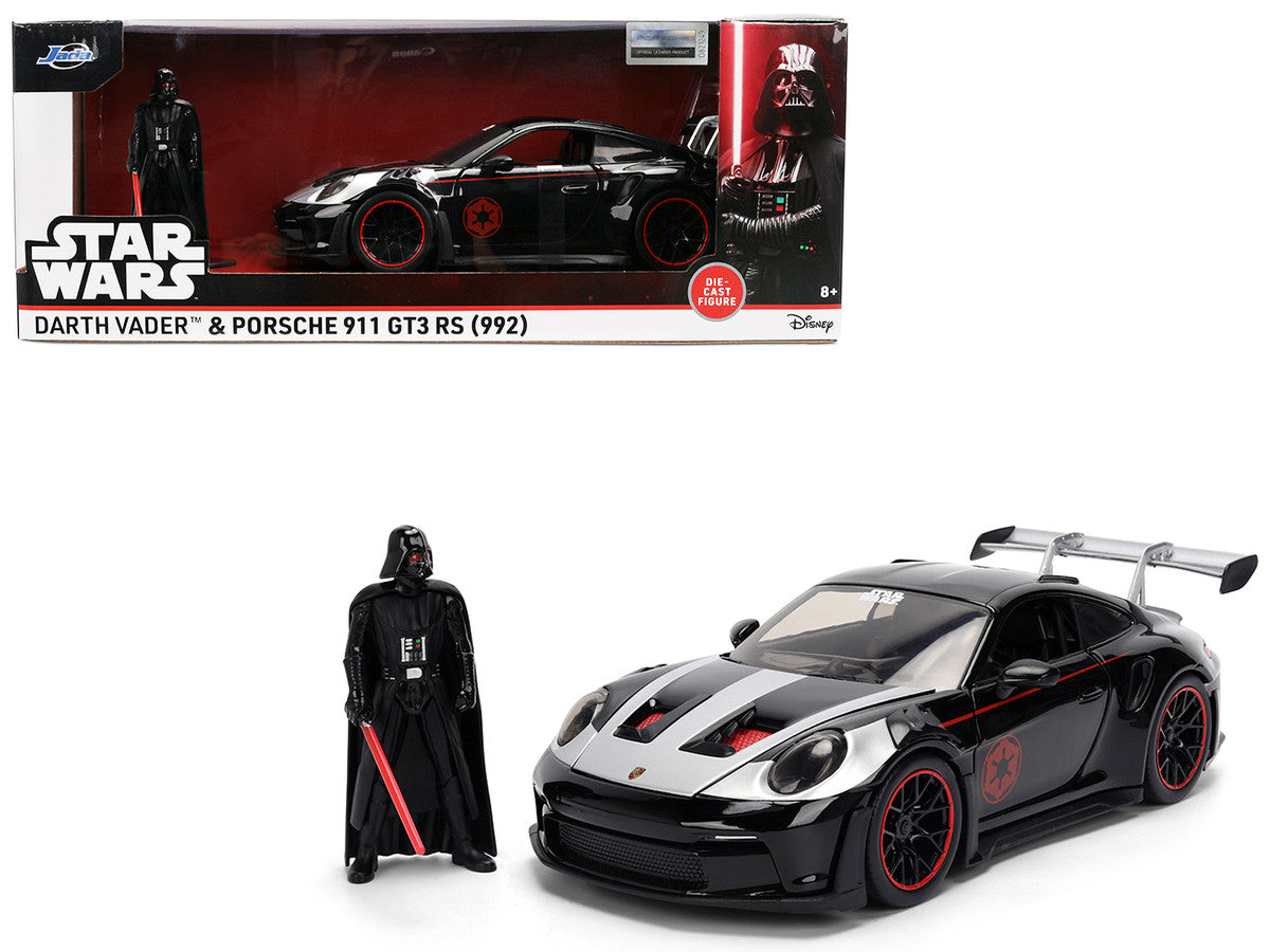 Porsche 911 GT3 RS (992) Black with Silver Hood and Graphics and Darth Vader Figure "Star Wars" Franchise "Hollywood Rides" Series 1/24 Diecast Model Car by Jada Jada