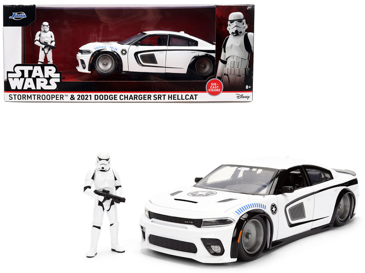2021 Dodge Charger SRT Hellcat White with Graphics and Stormtrooper Figure "Star Wars" Franchise "Hollywood Rides" Series 1/24 Diecast Model Car by Jada Jada