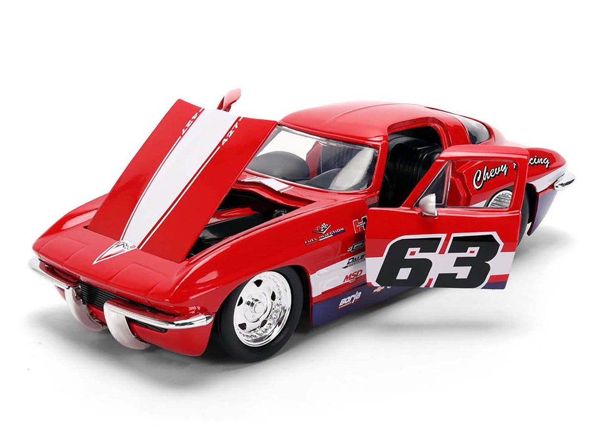 1963 Chevrolet Corvette Stingray #63 "Chevy Racing" Red with White and Blue Stripes "Bigtime Muscle" Series 1/24 Diecast Model Car by Jada Jada