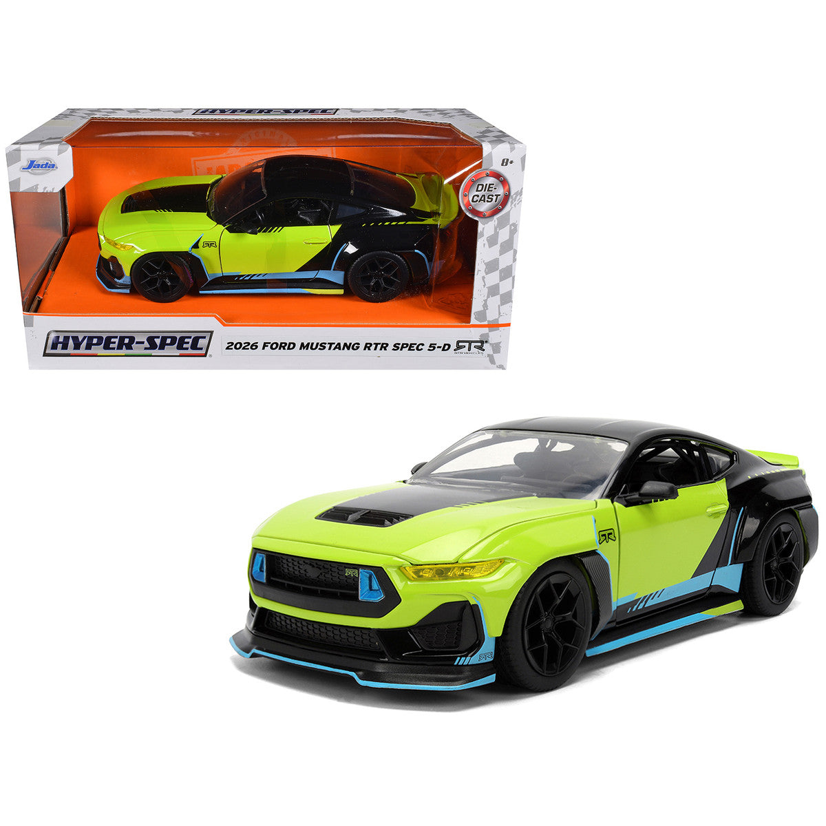 2026 Ford Mustang RTR Spec 5-D Lime Green with Black Top and Graphics "Hyper-Spec" Series 1/24 Diecast Model Car by Jada Jada