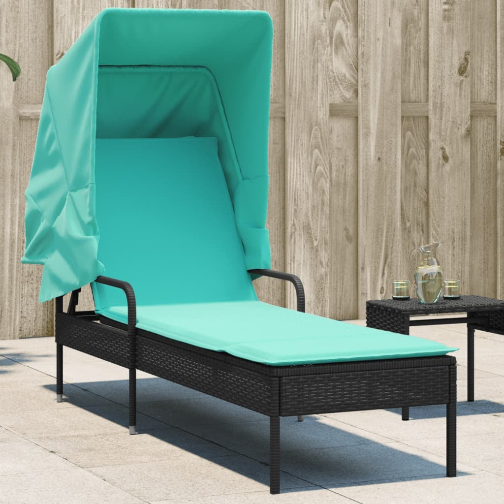 Sun Lounger with Canopy Black Poly Rattan W2B