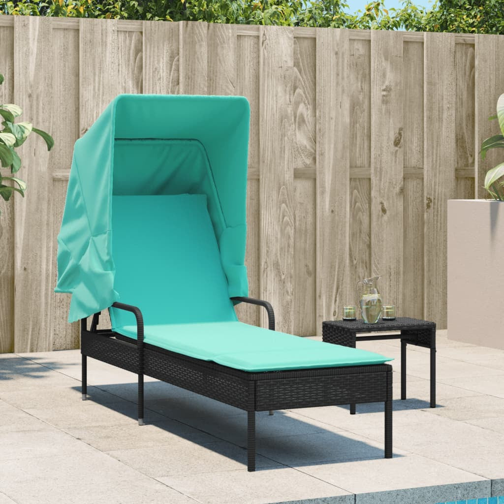 Sun Lounger with Canopy Black Poly Rattan W2B