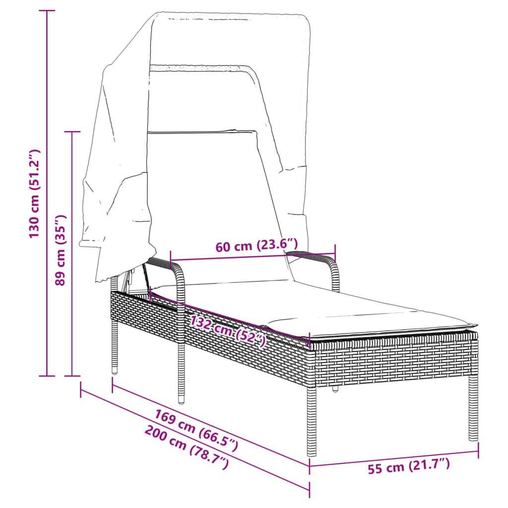 Sun Lounger with Canopy Black Poly Rattan W2B