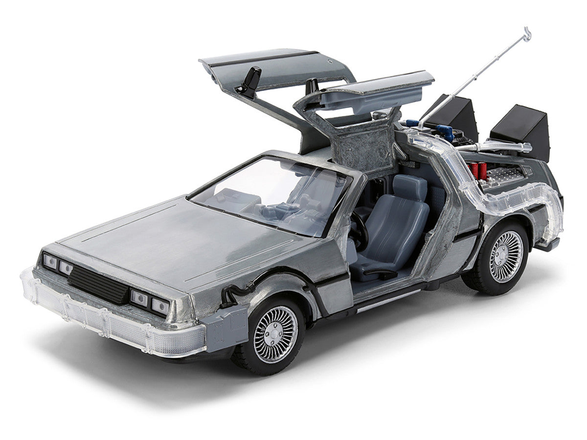 DeLorean Brushed Metal Time Machine with Lights "Back to the Future" (1985) Movie "40th Anniversary" Special Packaging "Hollywood Rides" Series 1/24 Diecast Model Car by Jada Jada