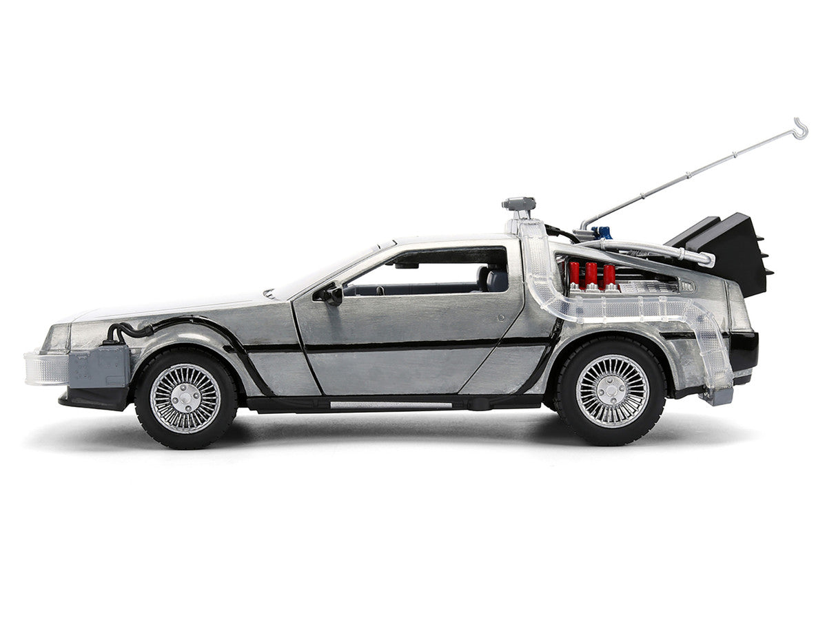 DeLorean Brushed Metal Time Machine with Lights "Back to the Future" (1985) Movie "40th Anniversary" Special Packaging "Hollywood Rides" Series 1/24 Diecast Model Car by Jada Jada