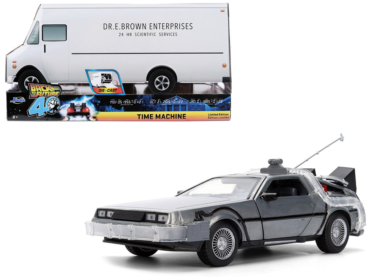 DeLorean Brushed Metal Time Machine with Lights "Back to the Future" (1985) Movie "40th Anniversary" Special Packaging "Hollywood Rides" Series 1/24 Diecast Model Car by Jada Jada