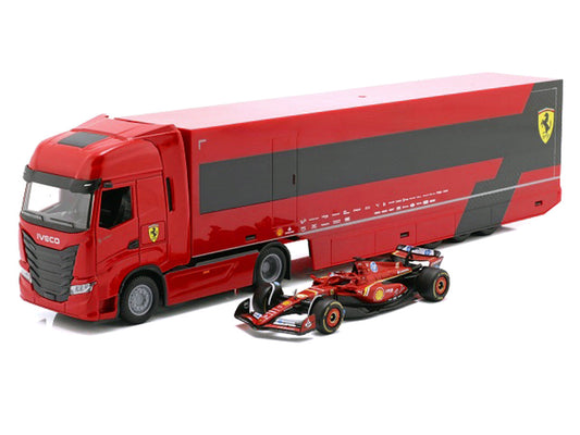 Iveco S-Way 570 Car Transporter Red and Ferrari SF-24 #16 Charles Leclerc Formula One F1 World Championship (2024) "Racing Hauler" Series 1/43 Diecast Model Car by Bburago Bburago