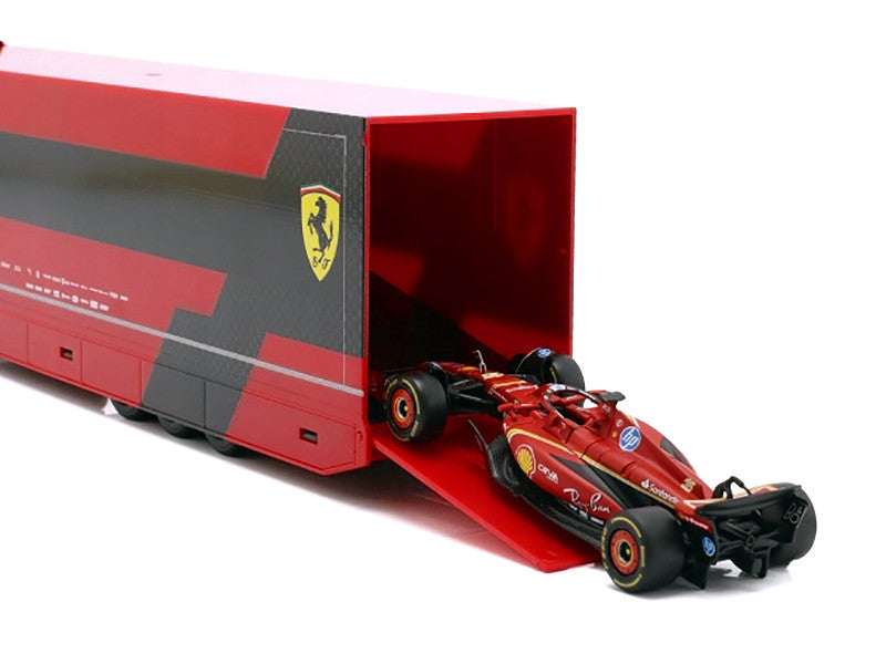 Iveco S-Way 570 Car Transporter Red and Ferrari SF-24 #16 Charles Leclerc Formula One F1 World Championship (2024) "Racing Hauler" Series 1/43 Diecast Model Car by Bburago Bburago