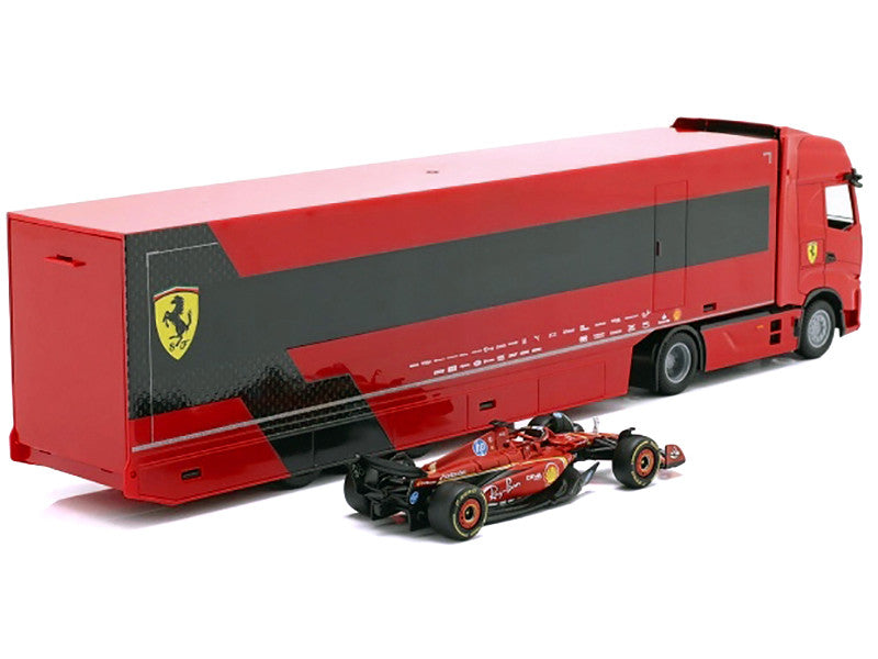 Iveco S-Way 570 Car Transporter Red and Ferrari SF-24 #16 Charles Leclerc Formula One F1 World Championship (2024) "Racing Hauler" Series 1/43 Diecast Model Car by Bburago Bburago