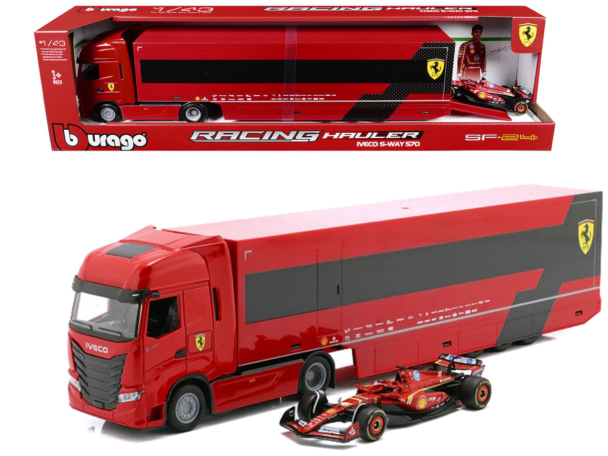 Iveco S-Way 570 Car Transporter Red and Ferrari SF-24 #16 Charles Leclerc Formula One F1 World Championship (2024) "Racing Hauler" Series 1/43 Diecast Model Car by Bburago Bburago