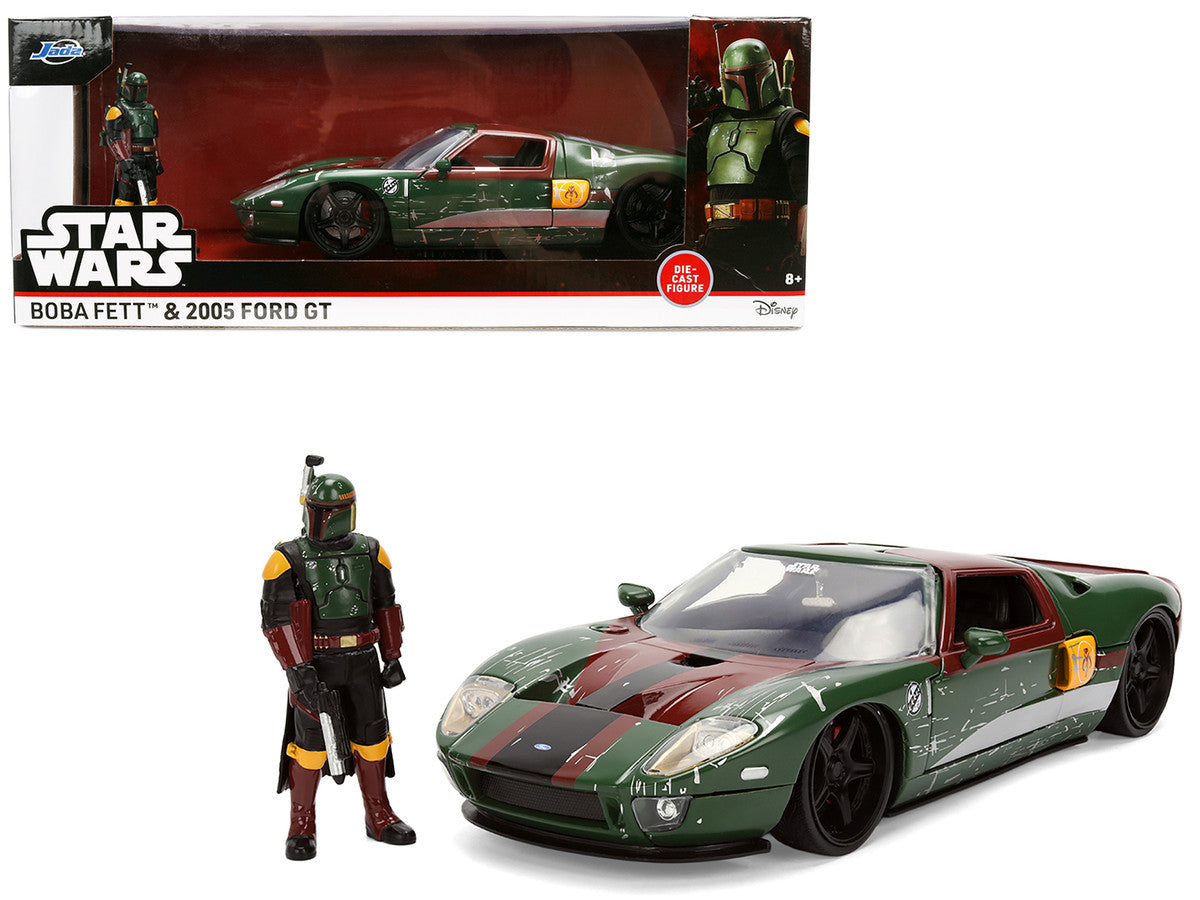 2005 Ford GT Green (Weathered) with Graphics and Boba Fett Figure "Star Wars" Franchise "Hollywood Rides" Series 1/24 Diecast Model Car by Jada Jada