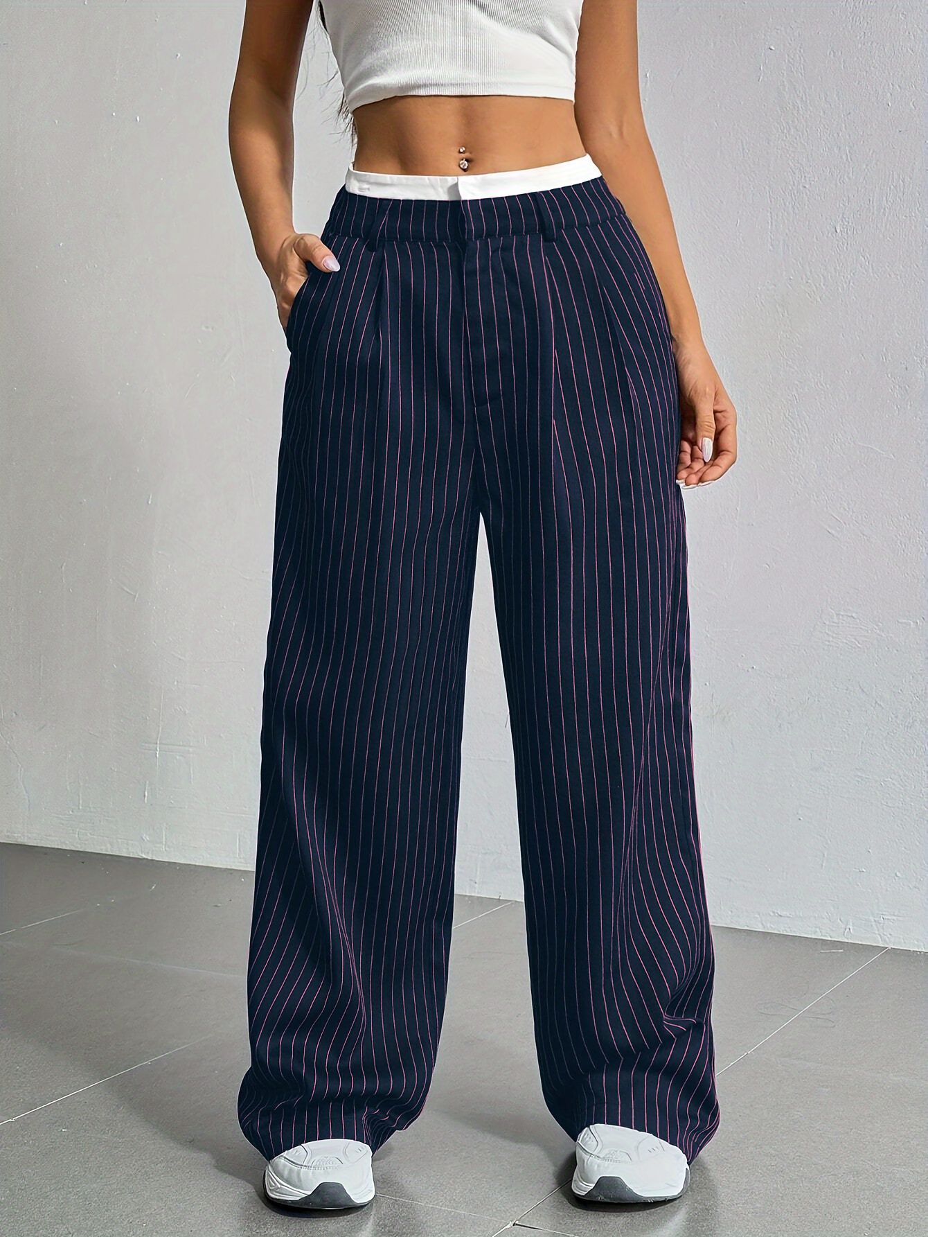 Stripe Printed Trousers Fashion High Waist Straight Leg Pants With Pocket Zipper Casual Suit Pants For Women LadyShow.Store