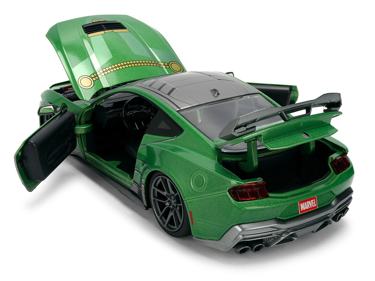 2024 Ford Mustang Dark Horse Green Metallic with Gray Top and Graphic with Doctor Doom Diecast Figure "Marvel's Doctor Doom" Character "Hollywood Rides" Series 1/24 Diecast Model Car by Jada Jada