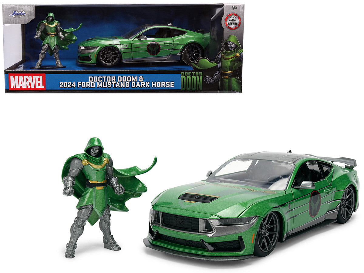 2024 Ford Mustang Dark Horse Green Metallic with Gray Top and Graphic with Doctor Doom Diecast Figure "Marvel's Doctor Doom" Character "Hollywood Rides" Series 1/24 Diecast Model Car by Jada Jada