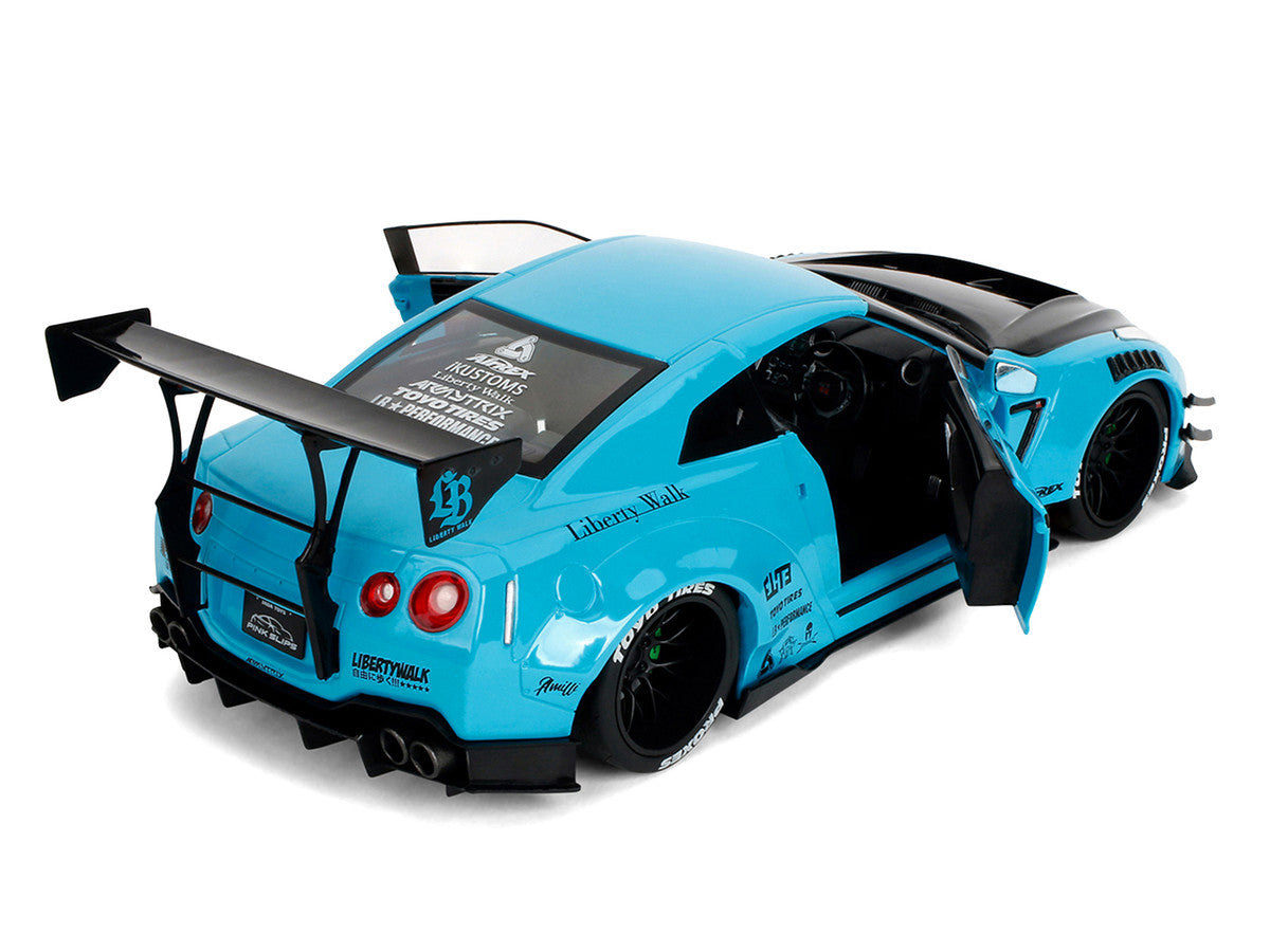 Nissan GT-R (R35) Liberty Walk Body Kit 2.0 RHD (Right Hand Drive) Blue with Black Hood "Pink Slips" Series 1/18 Diecast Model Car by Jada Jada