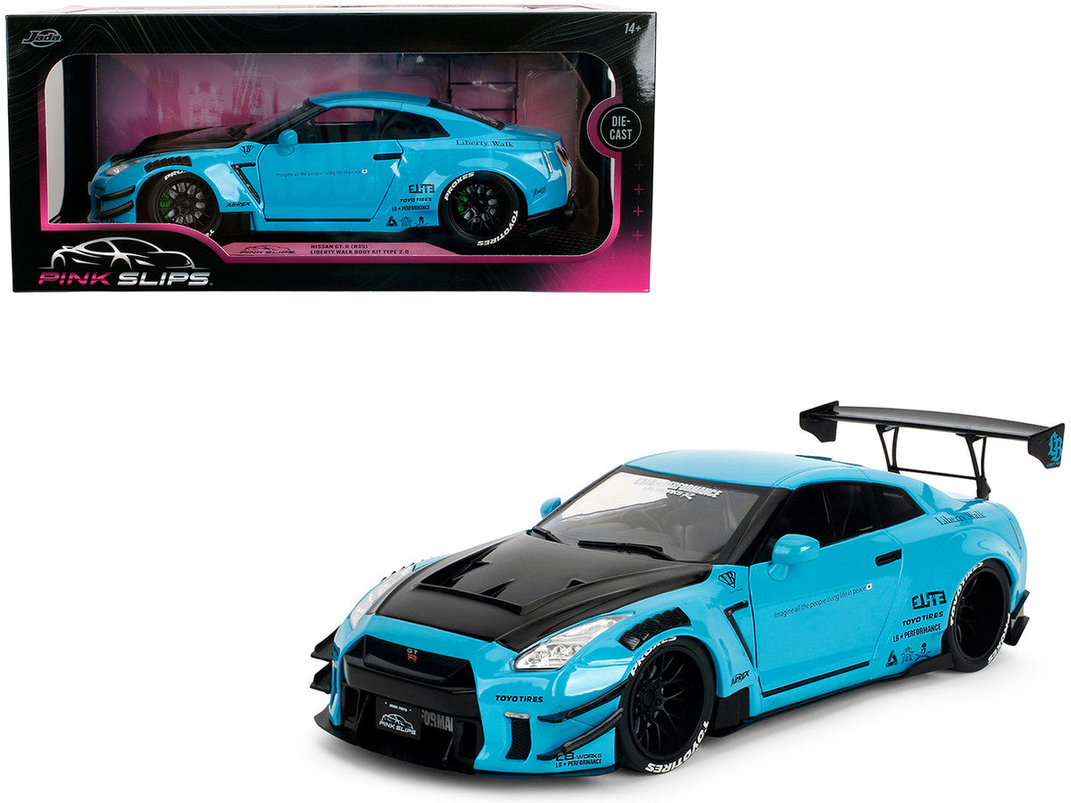 Nissan GT-R (R35) Liberty Walk Body Kit 2.0 RHD (Right Hand Drive) Blue with Black Hood "Pink Slips" Series 1/18 Diecast Model Car by Jada Jada