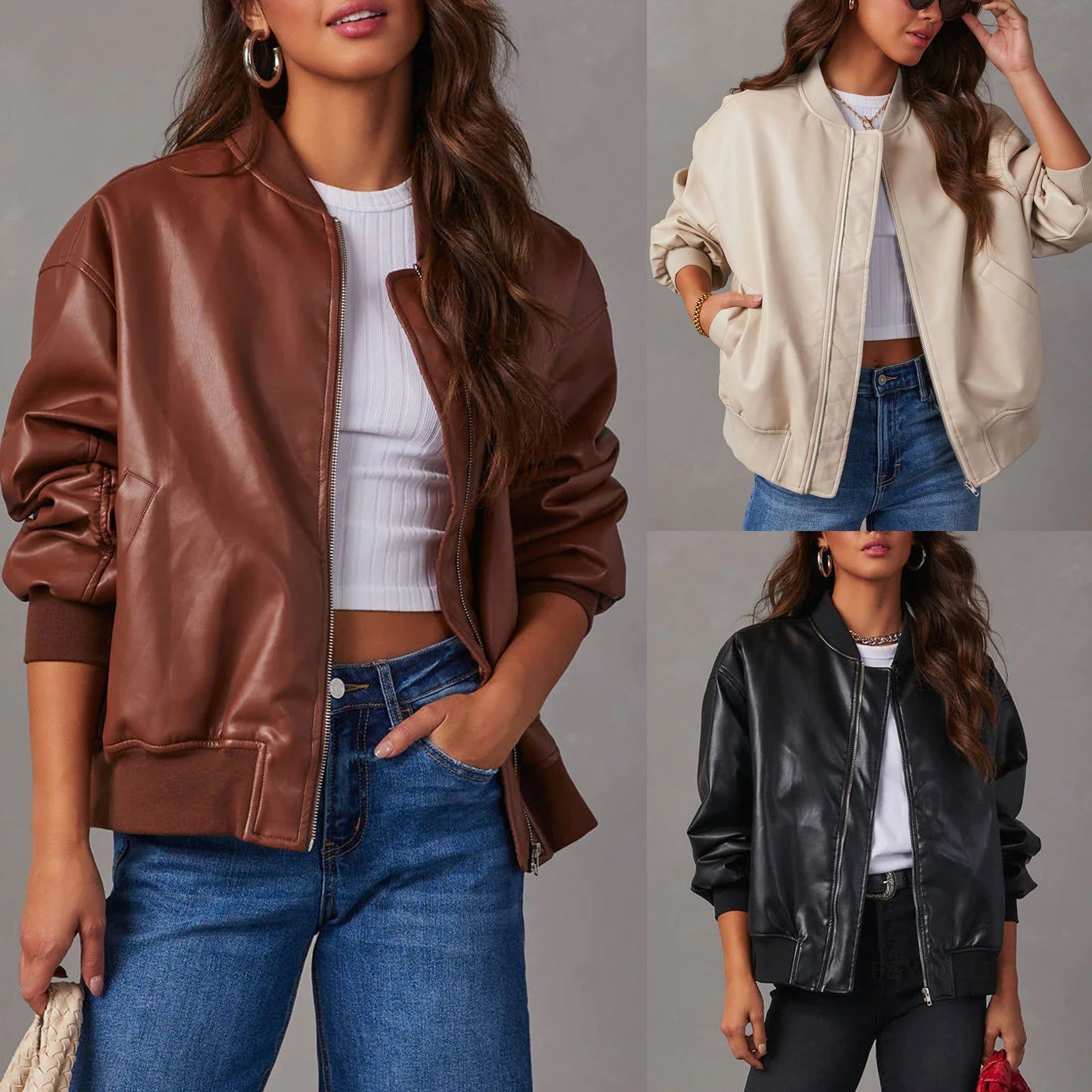Women's Leather-Look Baseball Jacket - Long Sleeve Motorcycle Style Coat (Black/White/Brown, S-XL) LadyShow.Store