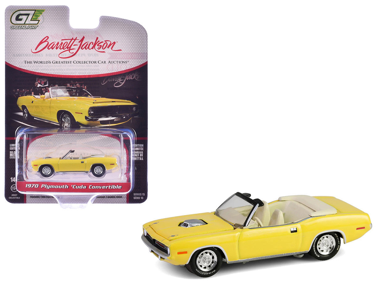 1970 Plymouth 'Cuda Convertible Yellow "Barrett-Jackson" Series 15 1/64 Diecast Model Car by Greenlight Greenlight