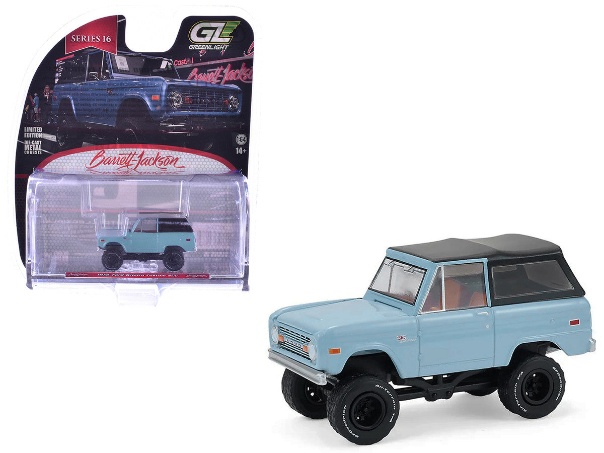 1972 Ford Bronco Custom SUV Light Blue with Black Top "Barrett-Jackson" Series 16 1/64 Diecast Model Car by Greenlight Greenlight