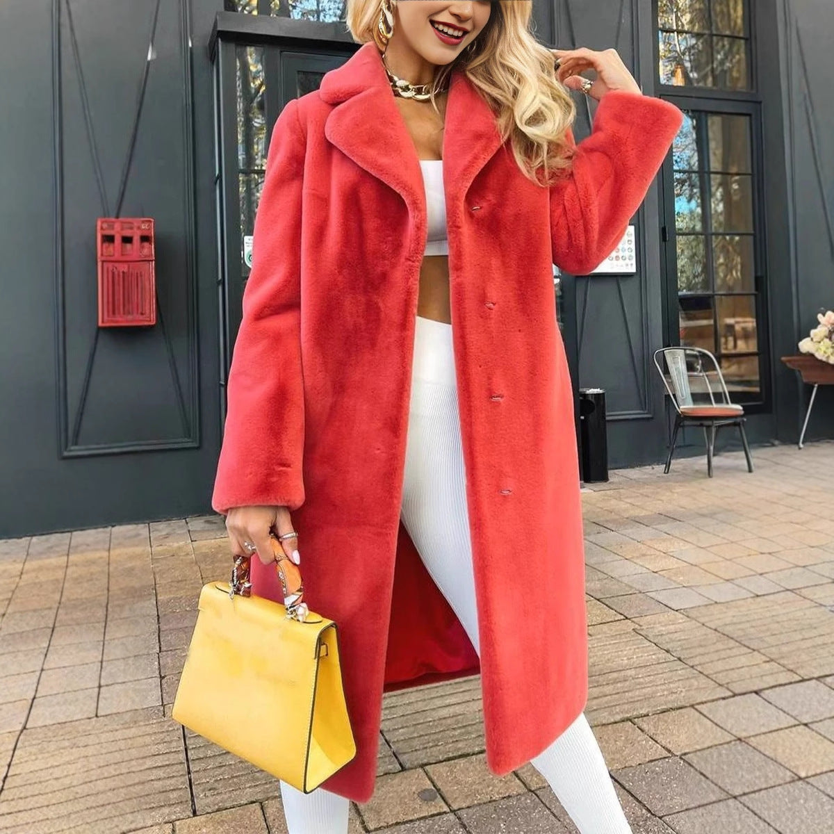 Women's Fashionable Elegant Lace-up Turn-down Collar Plush Long Coat Accent Plus