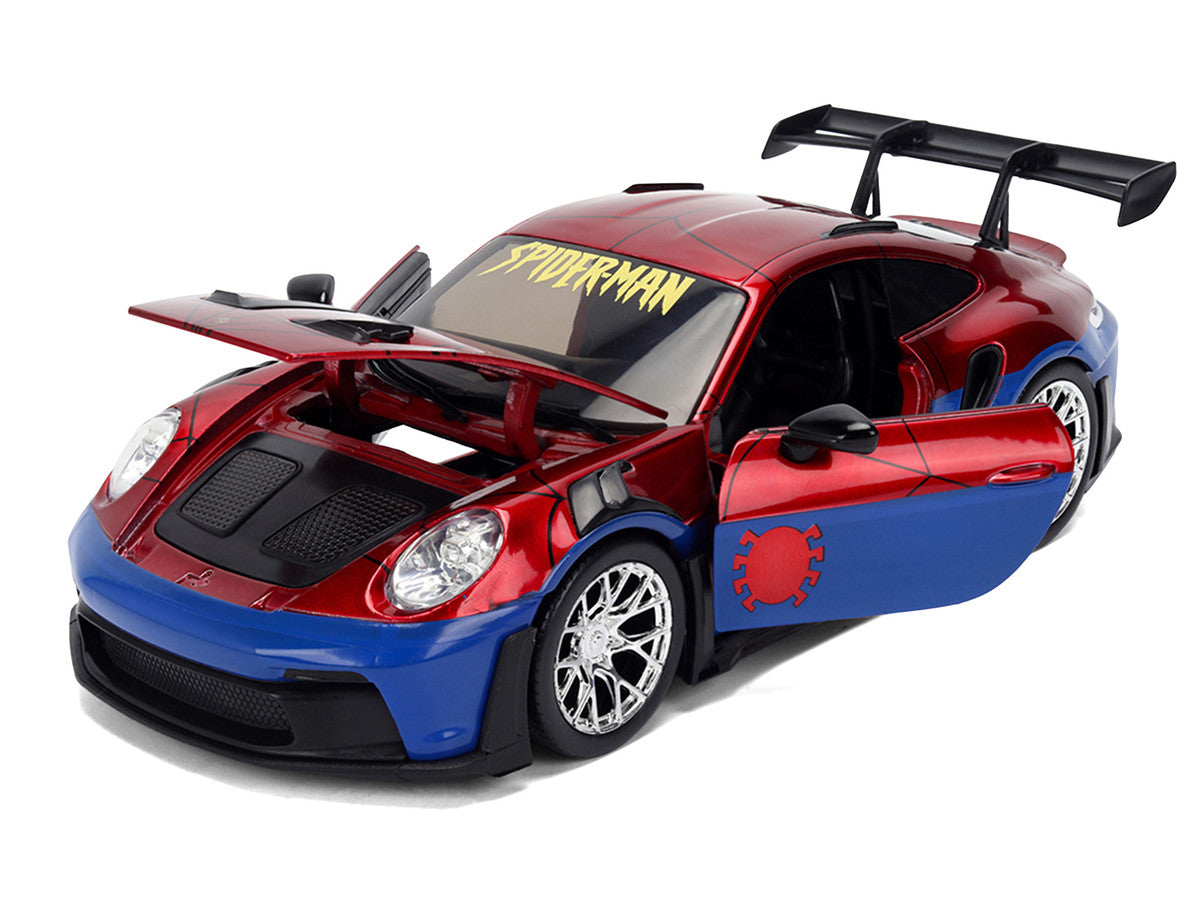 Porsche 911 GT3 RS (992) Red and Blue with Graphics and Spider-Man Diecast Figure "Marvel Spider-Man" "Hollywood Rides" Series 1/24 Diecast Model Car by Jada Jada