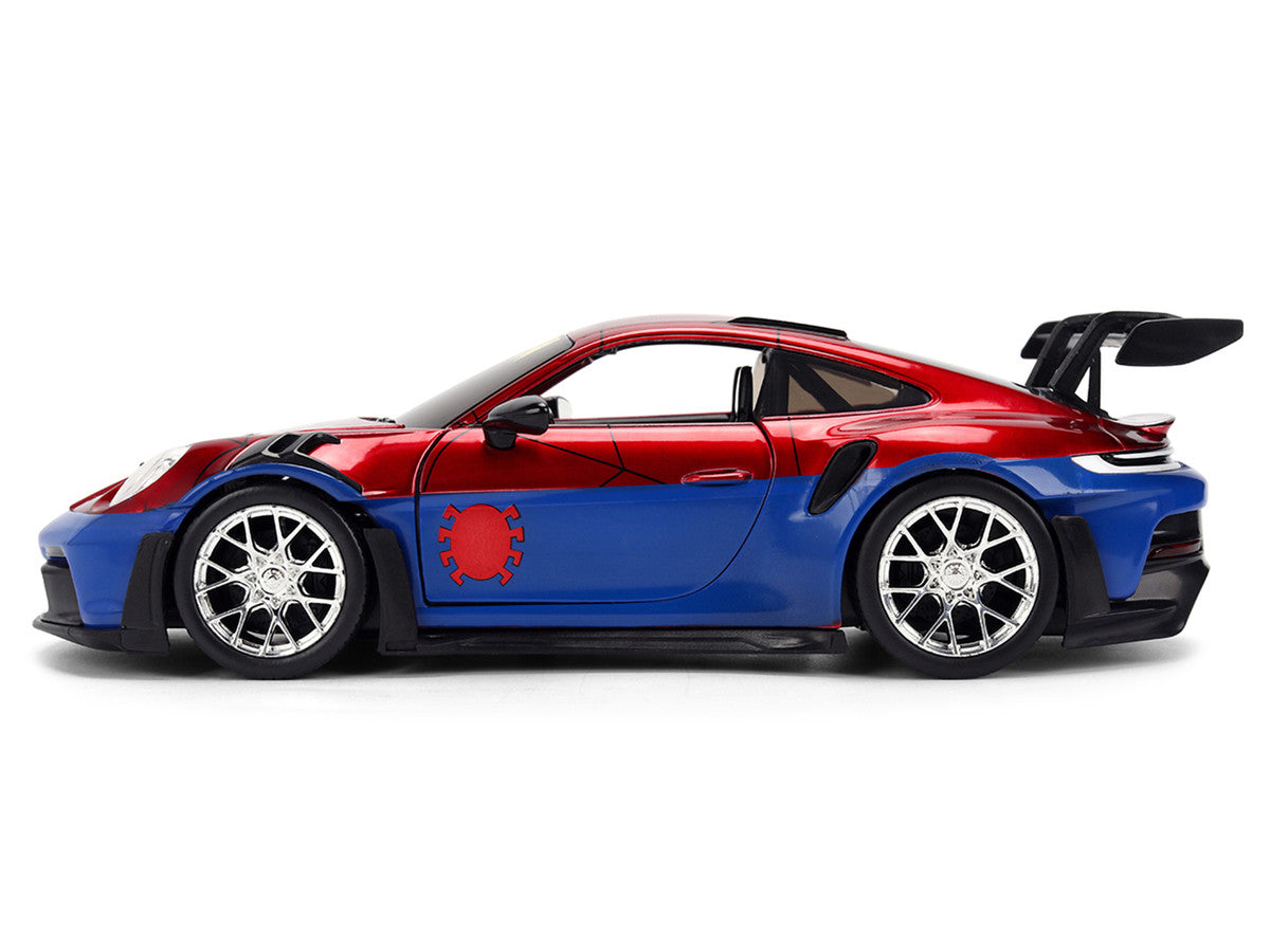 Porsche 911 GT3 RS (992) Red and Blue with Graphics and Spider-Man Diecast Figure "Marvel Spider-Man" "Hollywood Rides" Series 1/24 Diecast Model Car by Jada Jada