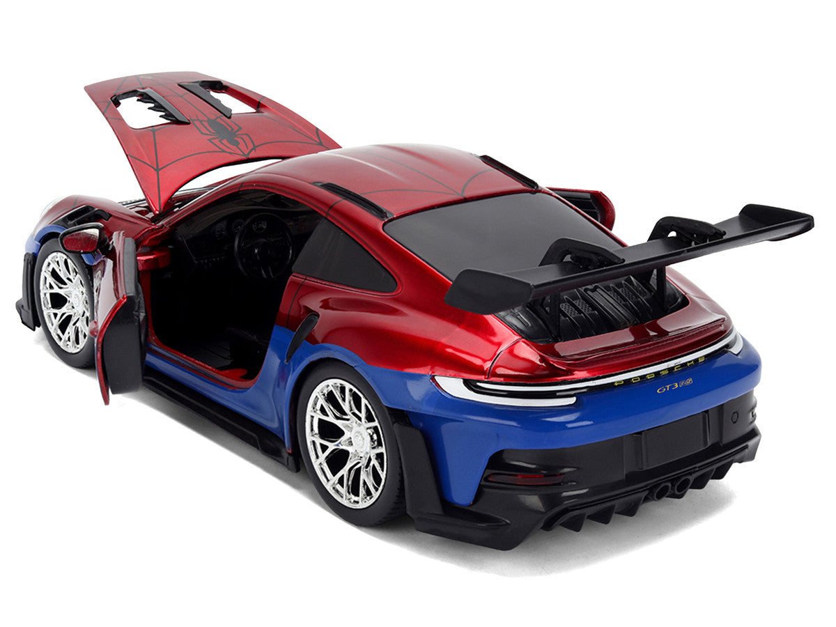 Porsche 911 GT3 RS (992) Red and Blue with Graphics and Spider-Man Diecast Figure "Marvel Spider-Man" "Hollywood Rides" Series 1/24 Diecast Model Car by Jada Jada
