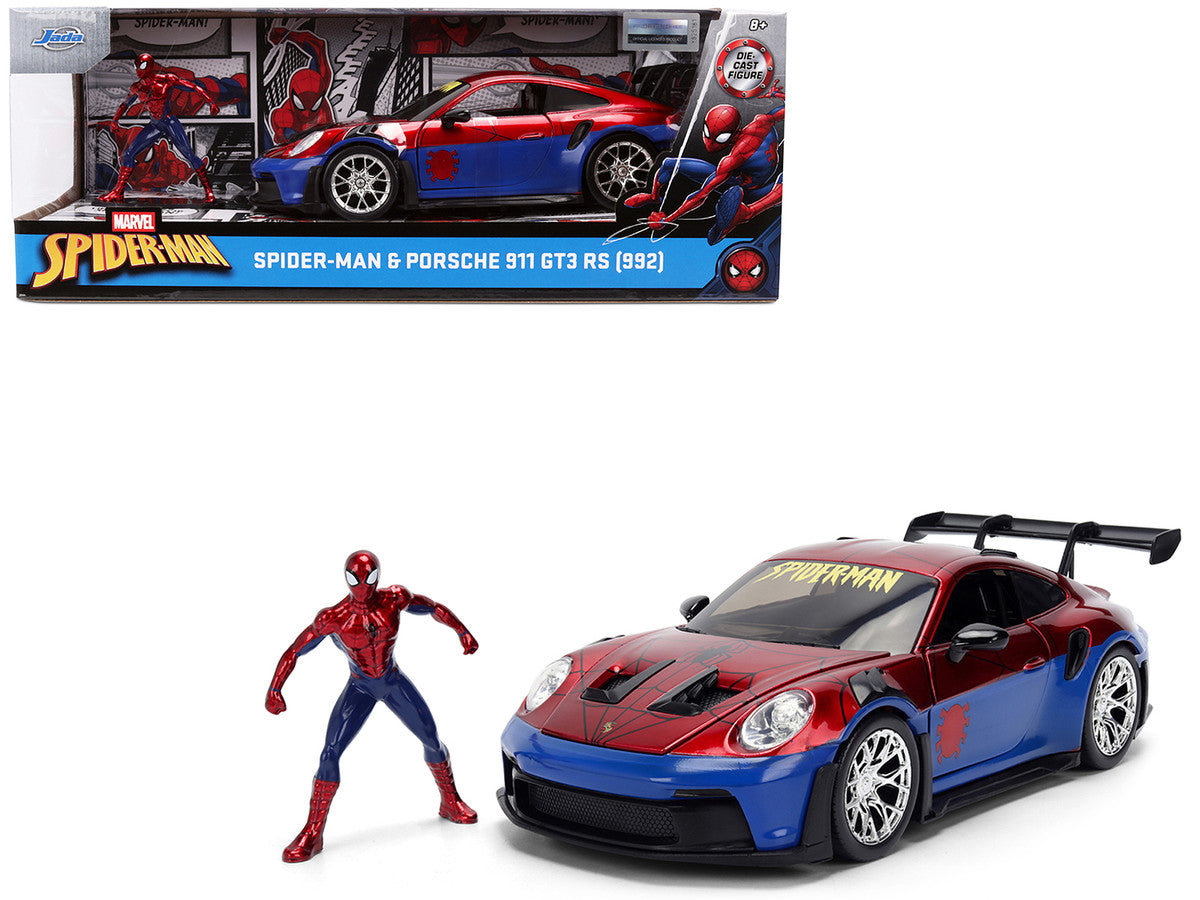 Porsche 911 GT3 RS (992) Red and Blue with Graphics and Spider-Man Diecast Figure "Marvel Spider-Man" "Hollywood Rides" Series 1/24 Diecast Model Car by Jada Jada