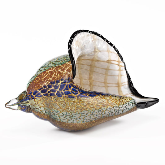 10" Gold Blue Green White Murano Glass Conch Shell Tabletop Sculpture W2B