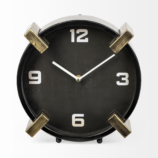Black Gold Metal Round Desk Table Clock W2B