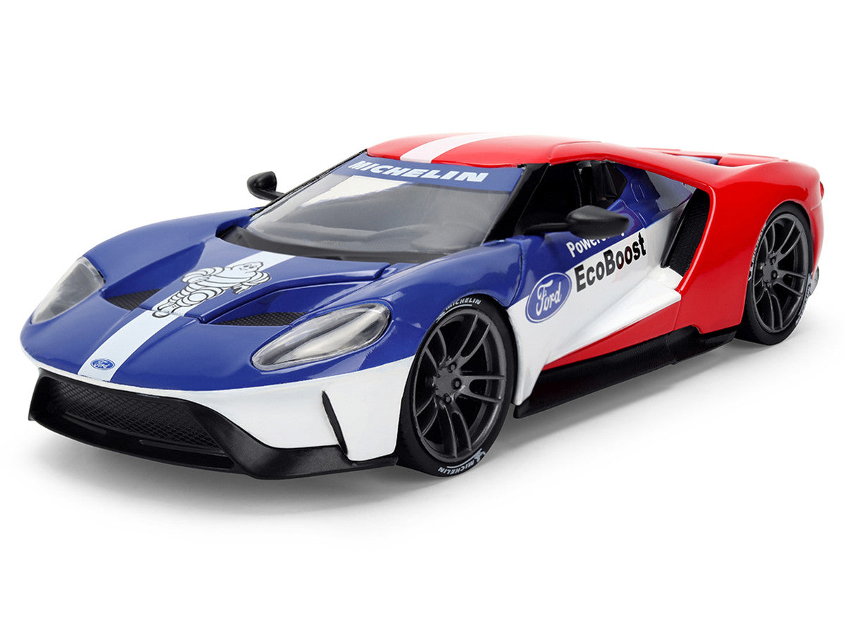 2017 Ford GT Blue and Red with White Stripes with Michelin Man Diecast Figure "Michelin Tires" "Hollywood Rides" Series 1/24 Diecast Model Car by Jada Jada