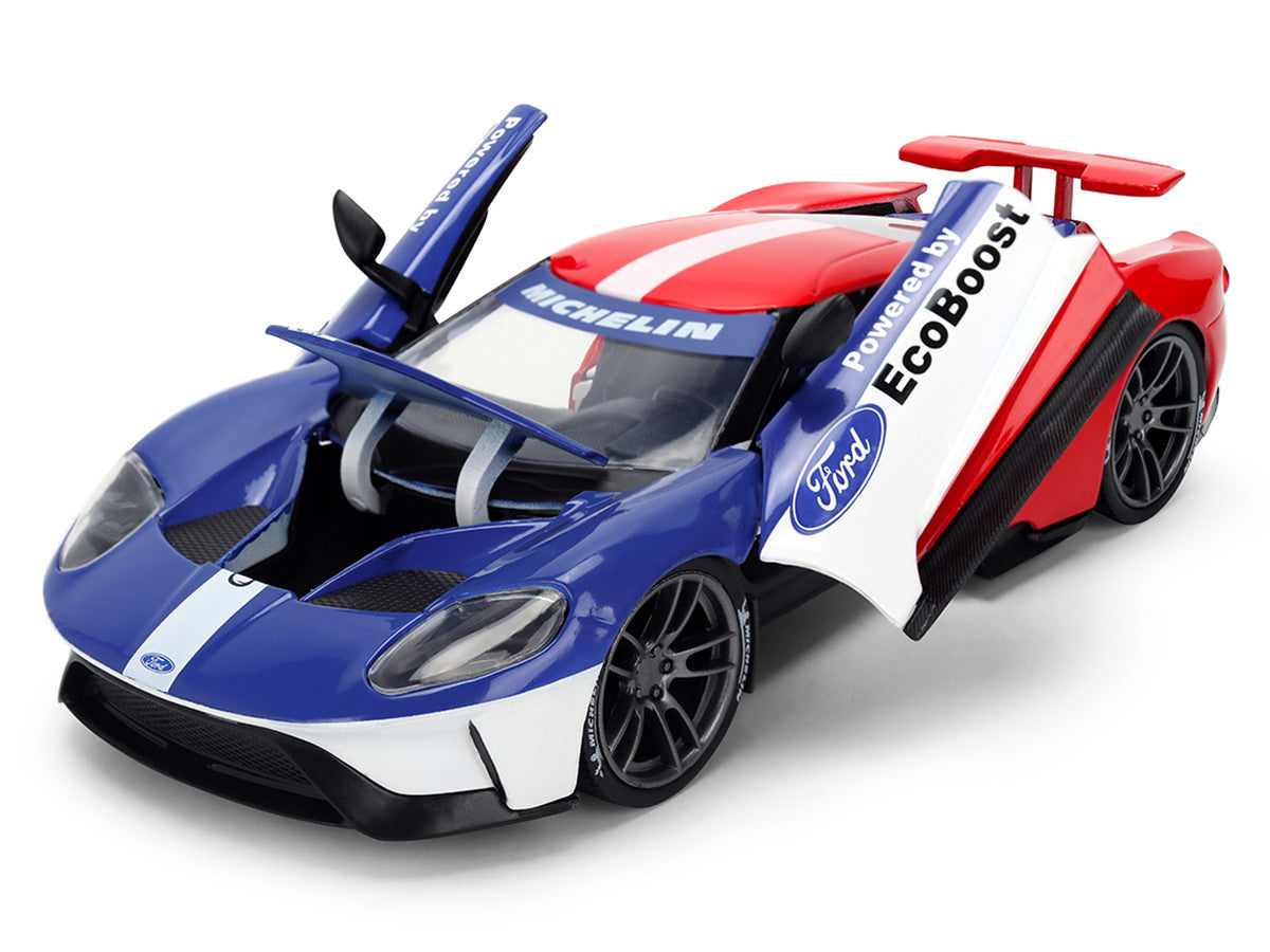 2017 Ford GT Blue and Red with White Stripes with Michelin Man Diecast Figure "Michelin Tires" "Hollywood Rides" Series 1/24 Diecast Model Car by Jada Jada