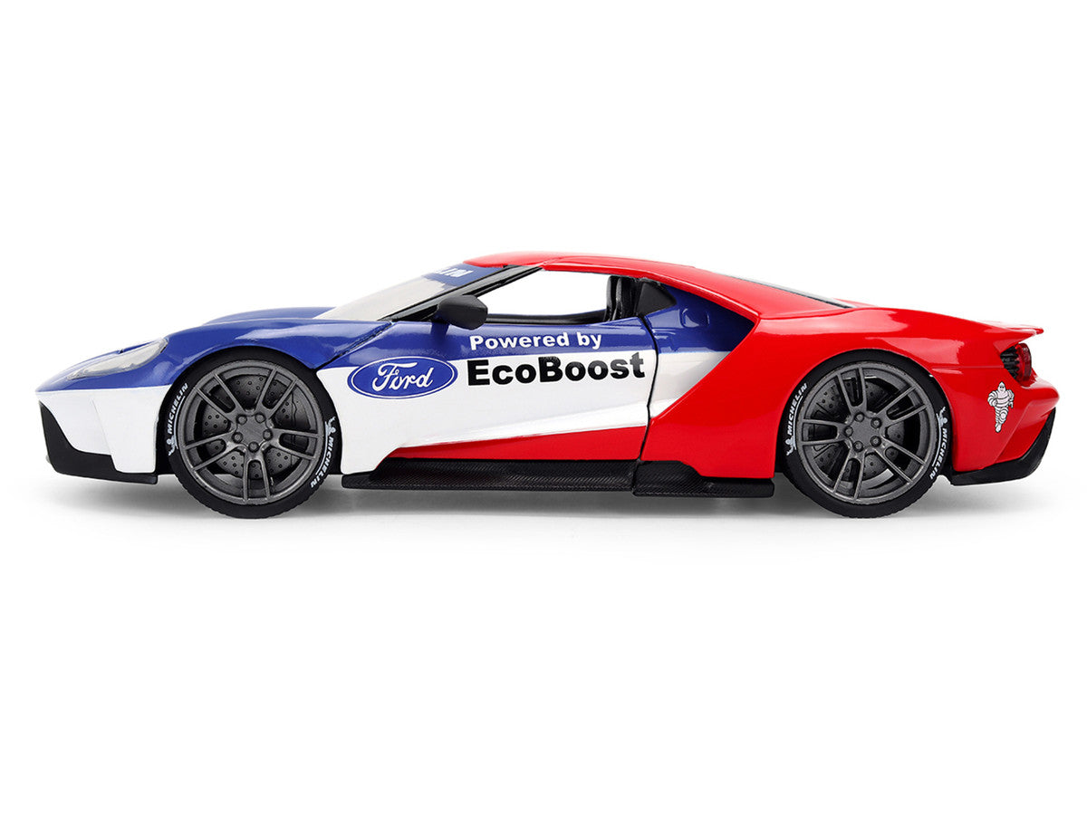 2017 Ford GT Blue and Red with White Stripes with Michelin Man Diecast Figure "Michelin Tires" "Hollywood Rides" Series 1/24 Diecast Model Car by Jada Jada