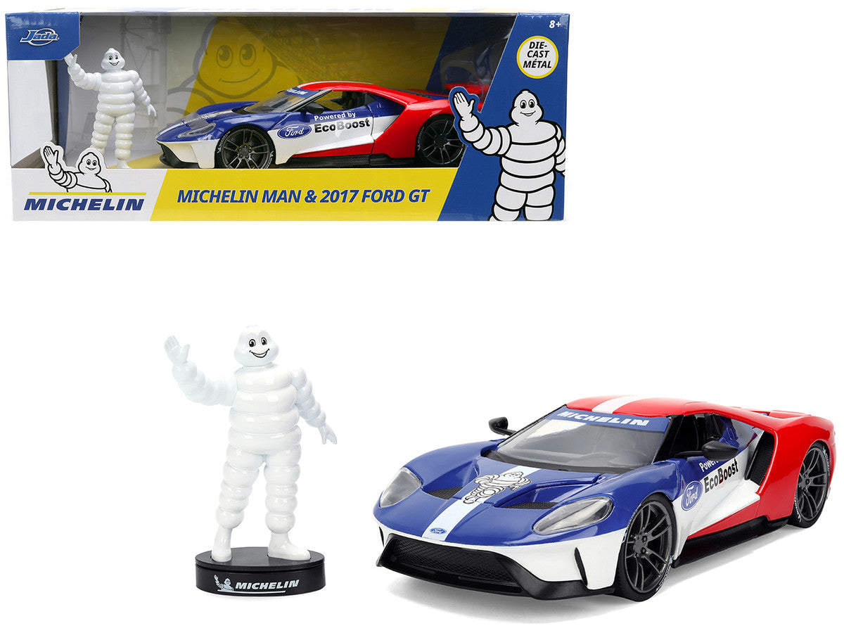 2017 Ford GT Blue and Red with White Stripes with Michelin Man Diecast Figure "Michelin Tires" "Hollywood Rides" Series 1/24 Diecast Model Car by Jada Jada