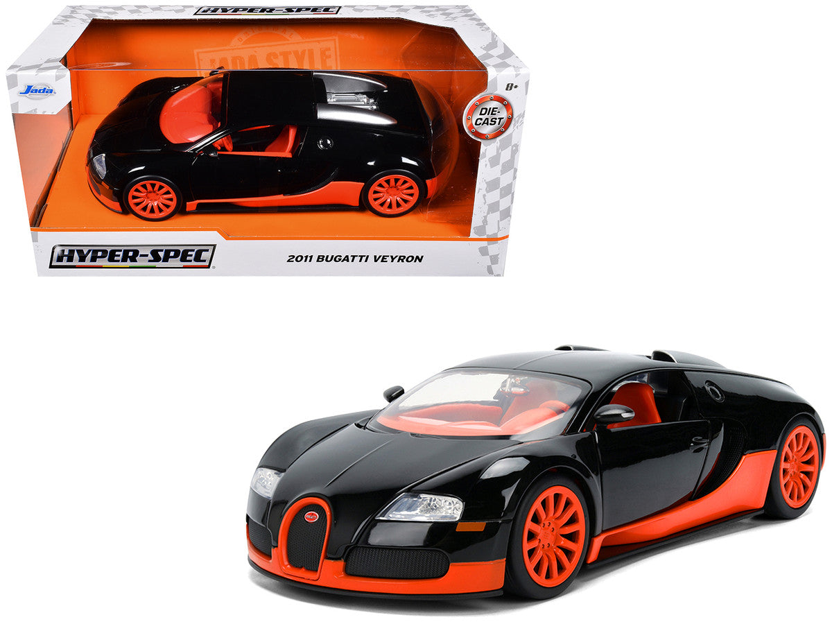 2011 Bugatti Veyron Black with Orange Accents and Orange Interior "Hyper-Spec" Series 1/24 Diecast Model Car by Jada Jada