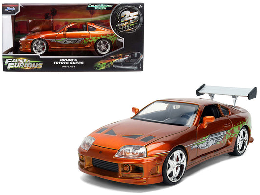 Brian's Toyota Supra Orange Color Brush Finish 25 Years of Fast & Furious Anniversary "The Fast and the Furious" (2001) Movie "Fast & Furious" Series 1/24 Diecast Model Car by Jada Jada