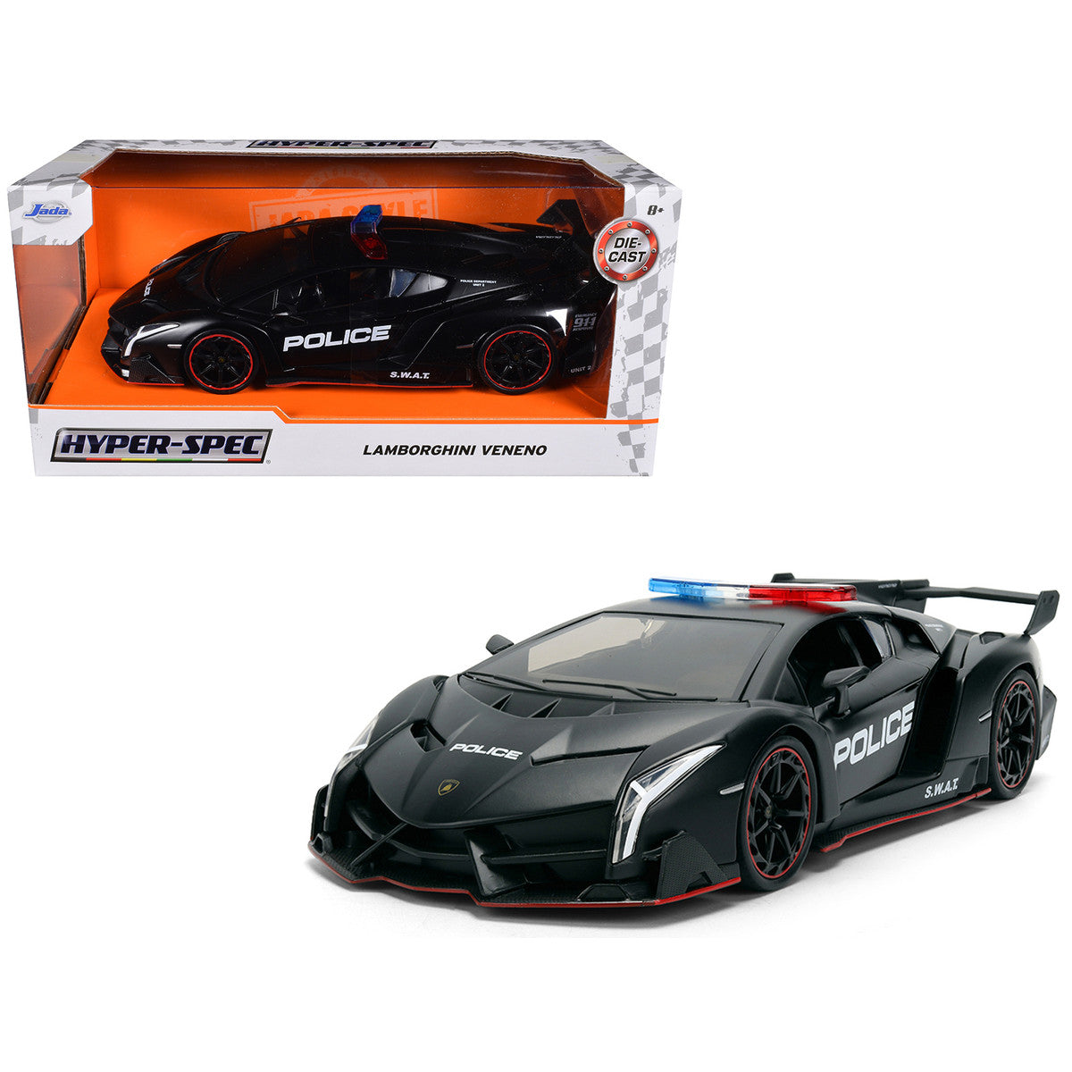 Lamborghini Veneno "Police" Matt Black "Hyper-Spec" Series 1/24 Diecast Model Car by Jada Jada